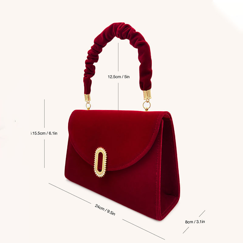 Suede Clutch Bag med Pearl Vintage Red Box Form Topphandtag Små märke Luxury Woman Bag For Wedding Party Designer Handväska