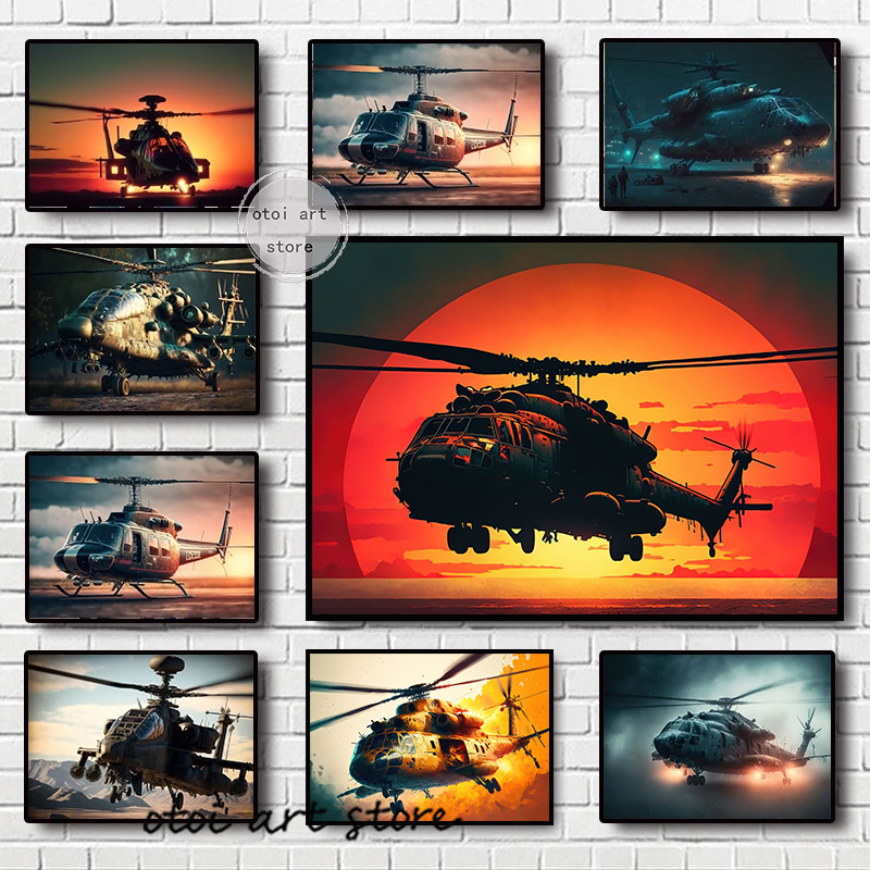 빈티지 현대 헬리콥터 선셋 조경 항공기 전투기 전투기 예술 포스터 캔버스 그림 벽 인쇄 그림 방 집 장식