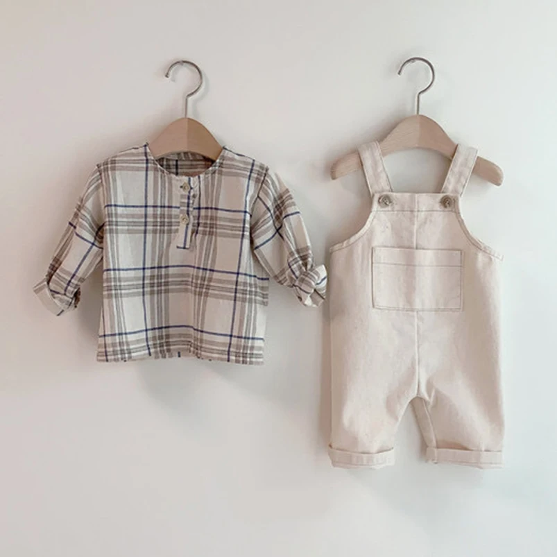 Hose England Stil Neugeborenes Jungen Hemd Khaki Plaid Langarm Kinder Bluse für Mädchen Tops Kinder Frontpocket Designhose 04t