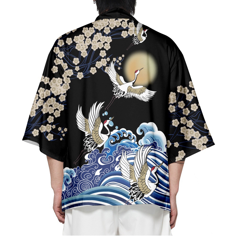 Flewing Flower Crane Wave imprimé cardigan noir surdimensionné Haori Women Men Harajuku Kimono Cosplay Blouse Yukata Clothing