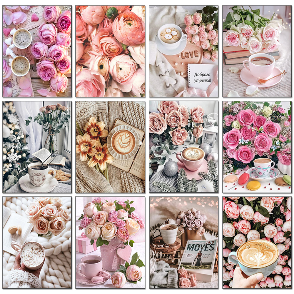 5D Diamond Målning Flowers Pink Roses Coffee Cup Mosaic Cross Stitch Kit Full Diamond Embroidery Home Decor 2023 New Series