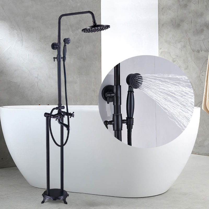 Suguword golvmonterad fristående badrum badkar kran 2 handtag regnfall dusch huvud hand dusch systom badkar spout mixer kran