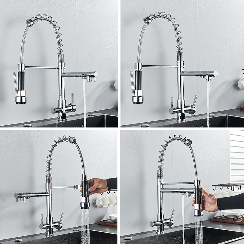 Senlesen Kitchen Spring Faucet Pure Water Kitchen 수도꼭지 3 모드 분무기 더블 핸들 풀 다운 노즐 뜨거운 냉수 믹서 탭