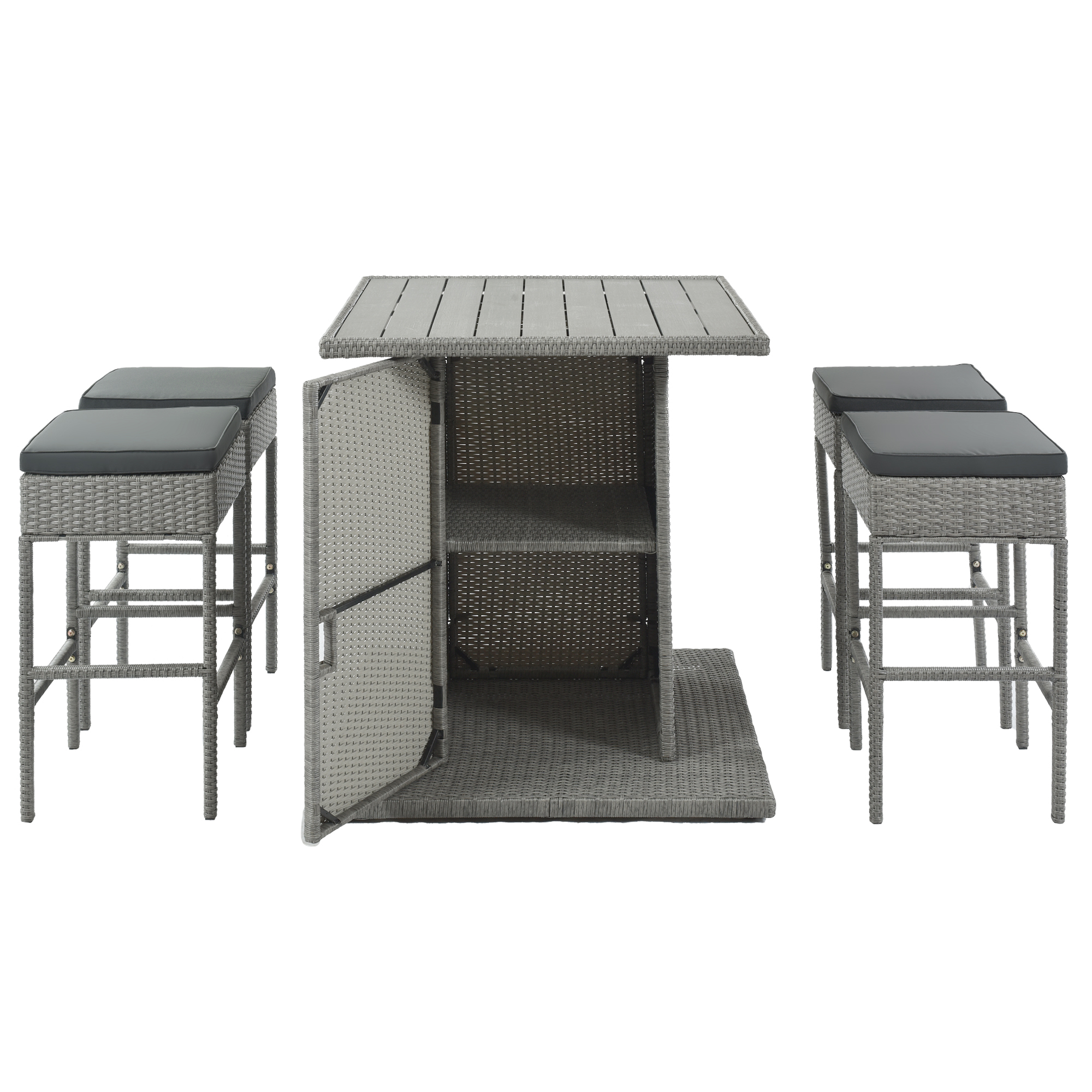 Ensemble de table à manger en rotin de 5 pièces PE Ensemble de table de cuisine carrée en osier avec étagère de rangement + 4 tabourets rembourrés pour le patio Poolside Garden