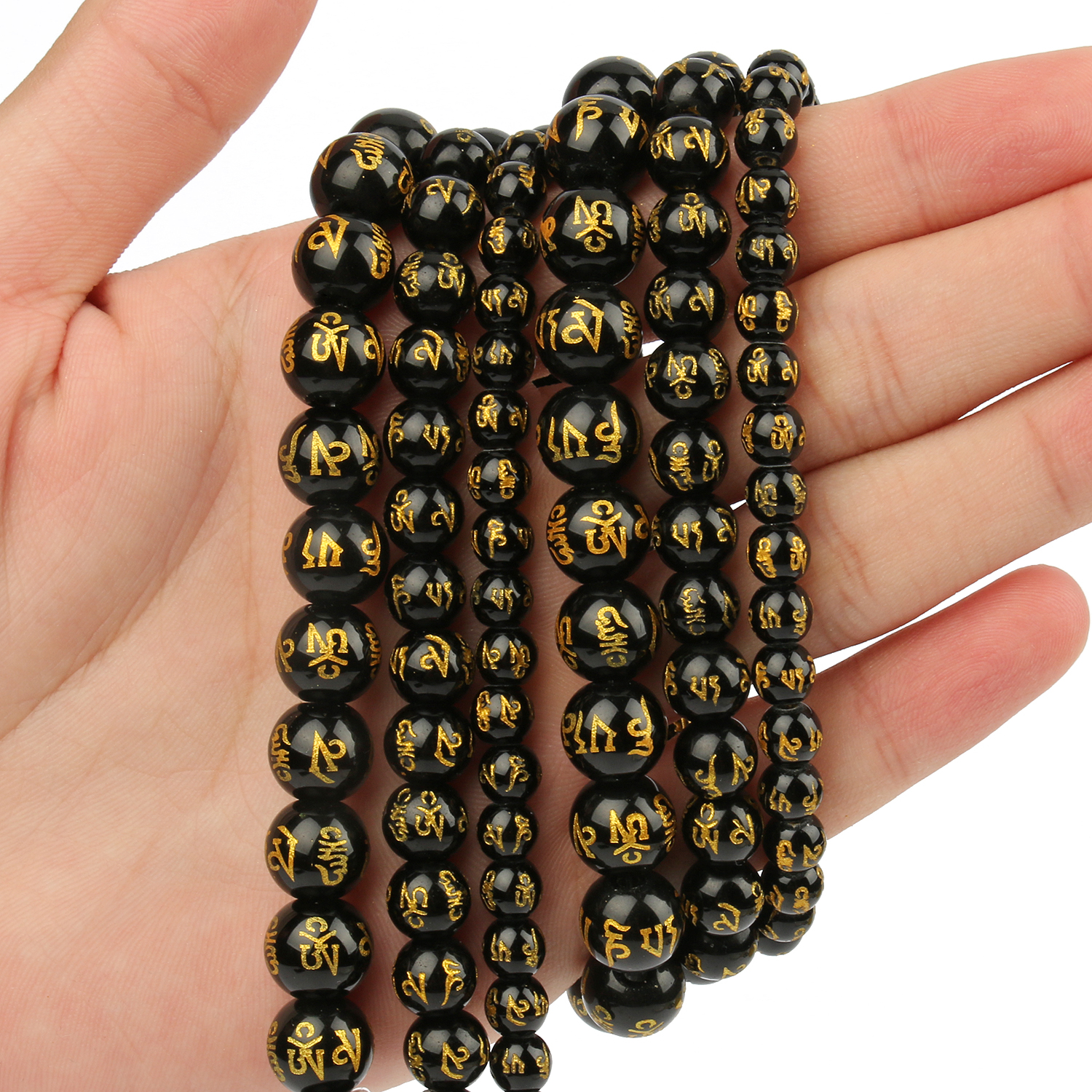 8/10mm Six Word Mantra Prayer Feng Shui Beads Black Obsidian Agate Round Buddha Beads for DIY Bracelets Jewelry Making Accsories