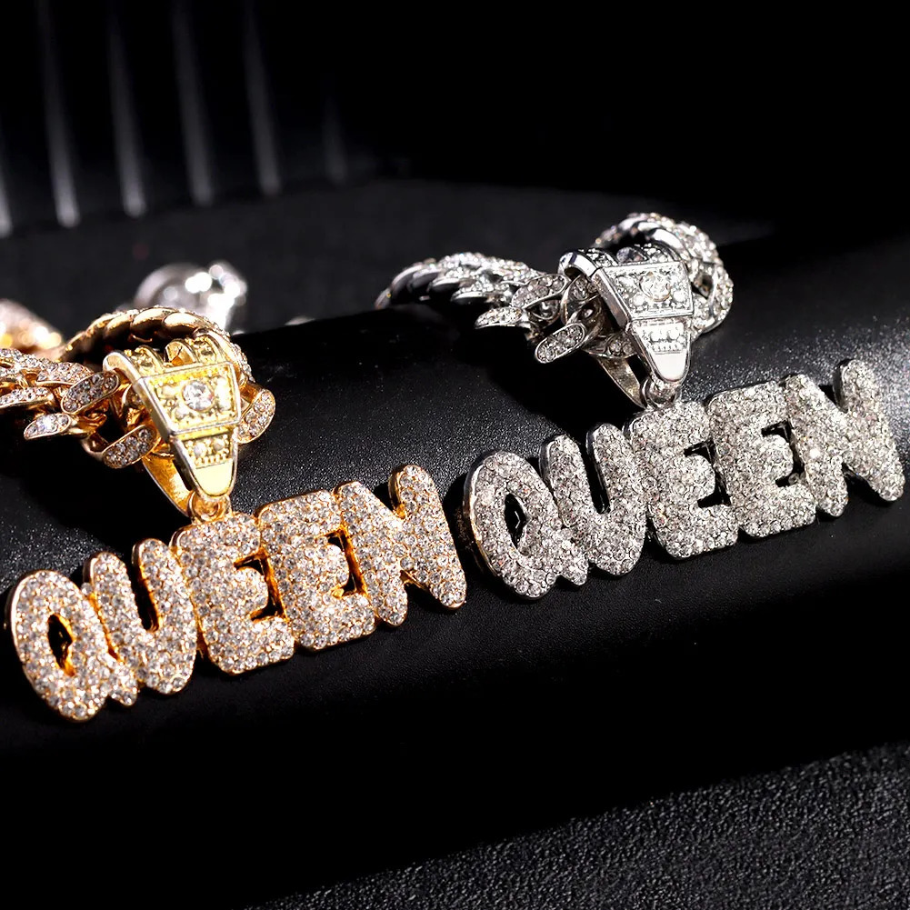 Män kvinnor hiphop bling king drottning brev hänge halsband 13mm miami kubanska länk kedja halsband is ut charm mode smycken 240411