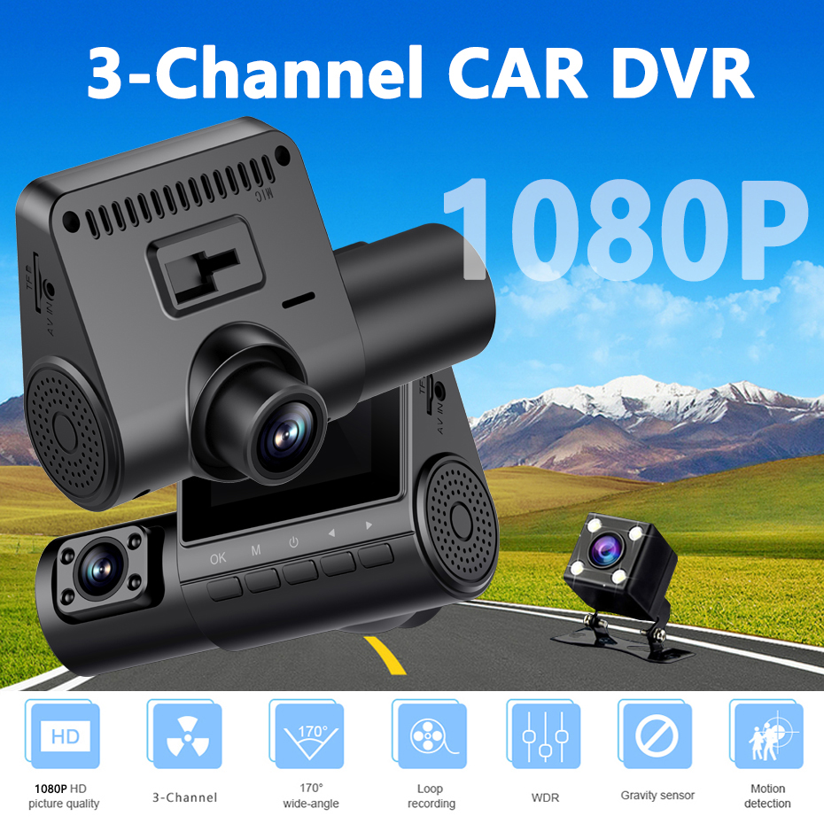 3 kanallı araba DVR HD 1080p 3-Len İçinde Araç Dash Cam Üç Yolu Kamera DVRS kaydedici Video Kayıt Cihazı Mini Dashcam kamera