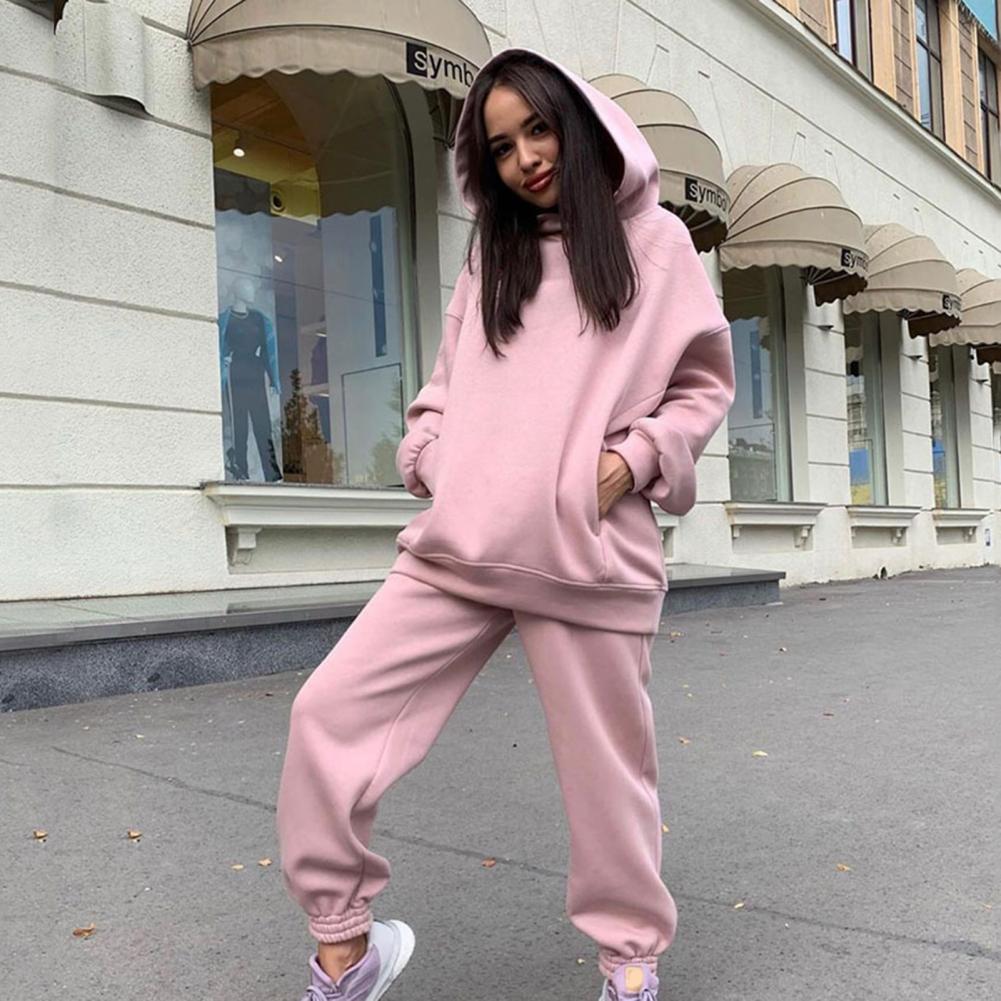 Oversized Hoodie Sweatpants Set Two Piece Women Tracksuit Autumn Trouser Suits Thermal Sweatshirt Solid Sports Hoodie Sportswear