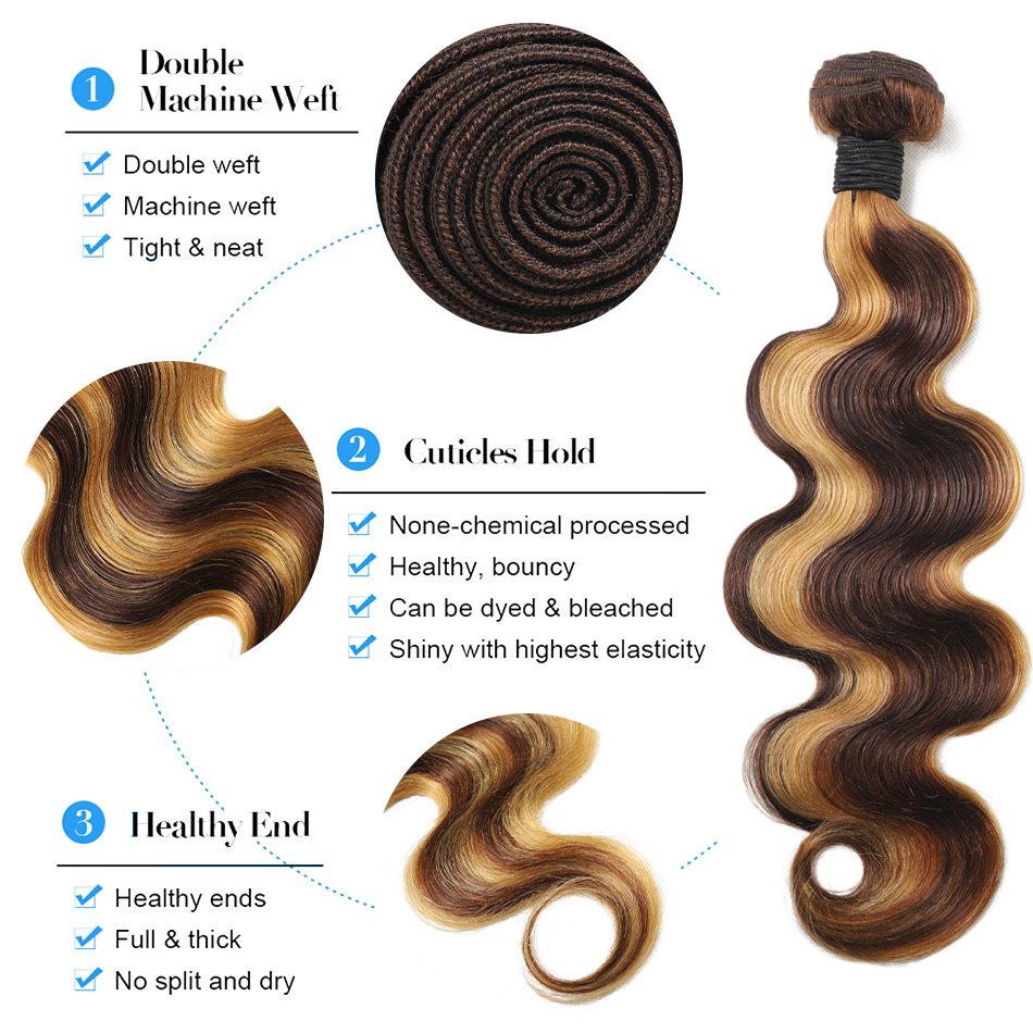 Выделите 3Bundles Body Wave Human Hair P4/27 Медовые блондинка Омбр Бундлы 12A Бразильские уклоны волос.