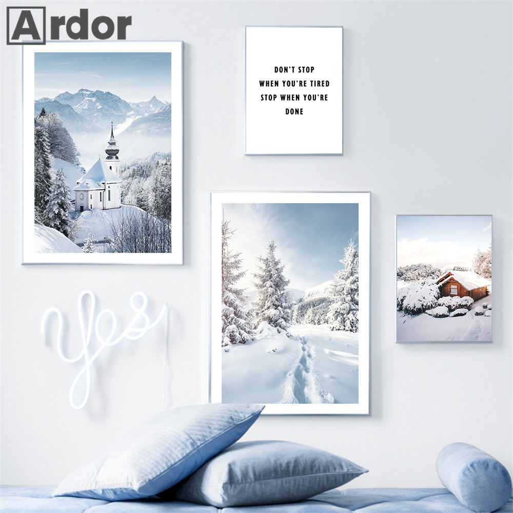 Vinter snö bergskog affischer bridge hjort hytt vägg konst canvas målning nordisk konst tryck bilder vardagsrum heminredning