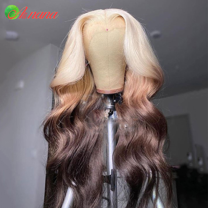 613 LACA LACA CRONTO BRONTAÇÃO CORPO DE PERTULAÇÃO 613 ombre amarelo marrom 13x4 Lace Frontal Human Human Wigs para Mulheres Negras Cabelo Humano