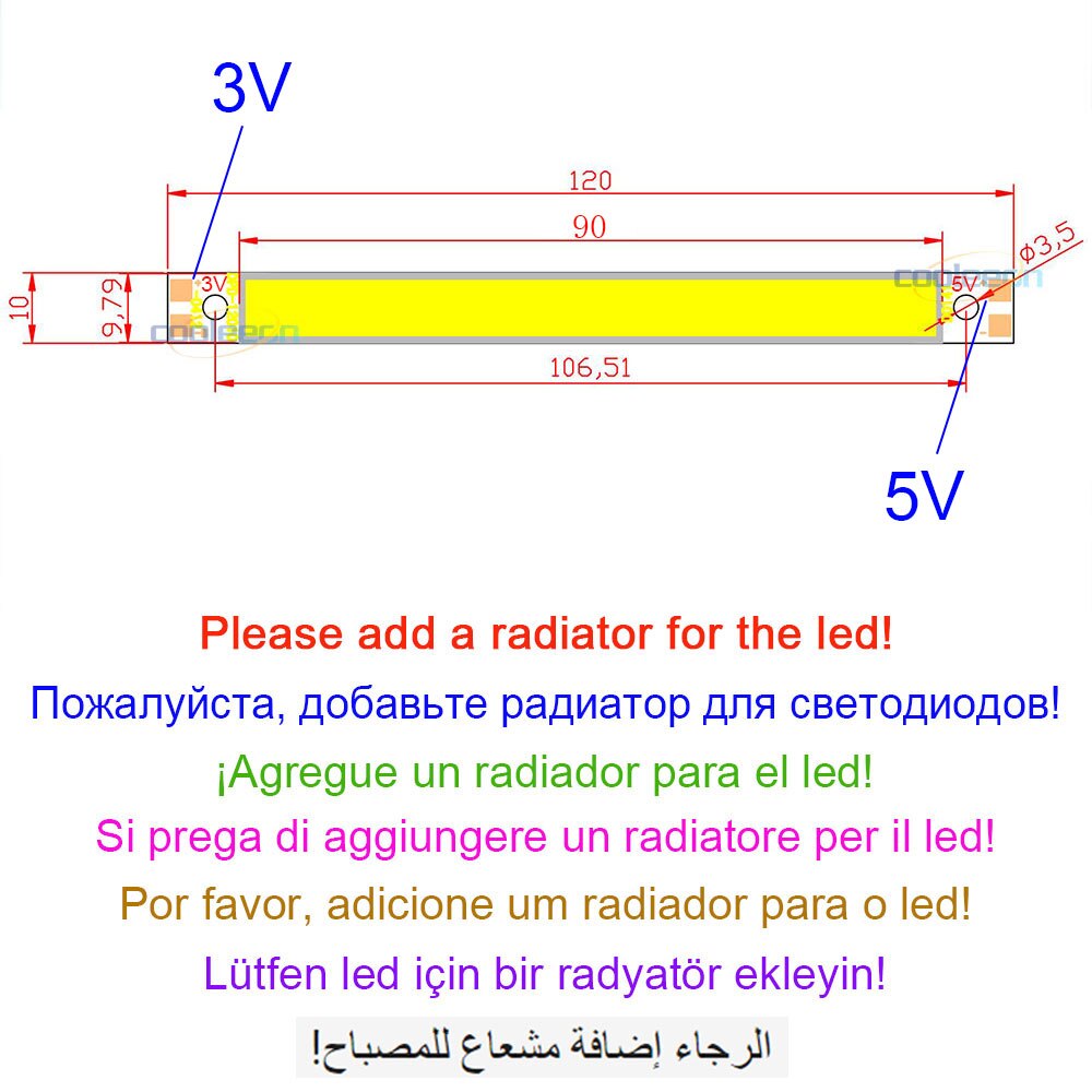 120x10mmコブLEDストリップライト3V 4V 5V 6V LED BULB 5W FOR DIY LED照明温かい白い青い赤い緑色のコブカーLEDストリップ