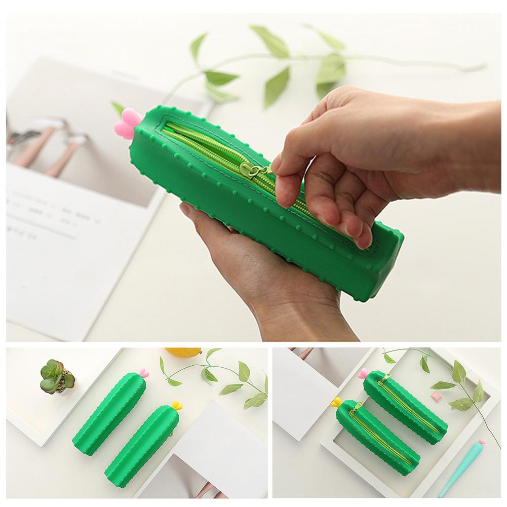 Compact Cactus Stationery Bag Durable Kawaii Silicone Pencil Case Portable Large Capacity School Supplies Storage Box for Home