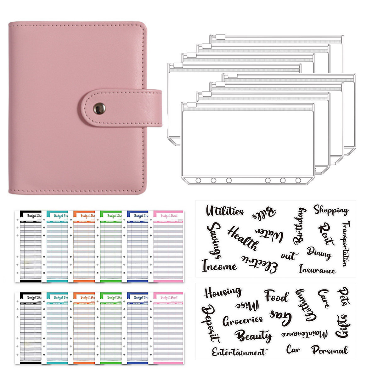 A7 PU Leder Notebook Binder Budget Planer Organizer Binder Cover 8 Bindemittel Taschen und 12 Stück Ausgabenbudget Blätter