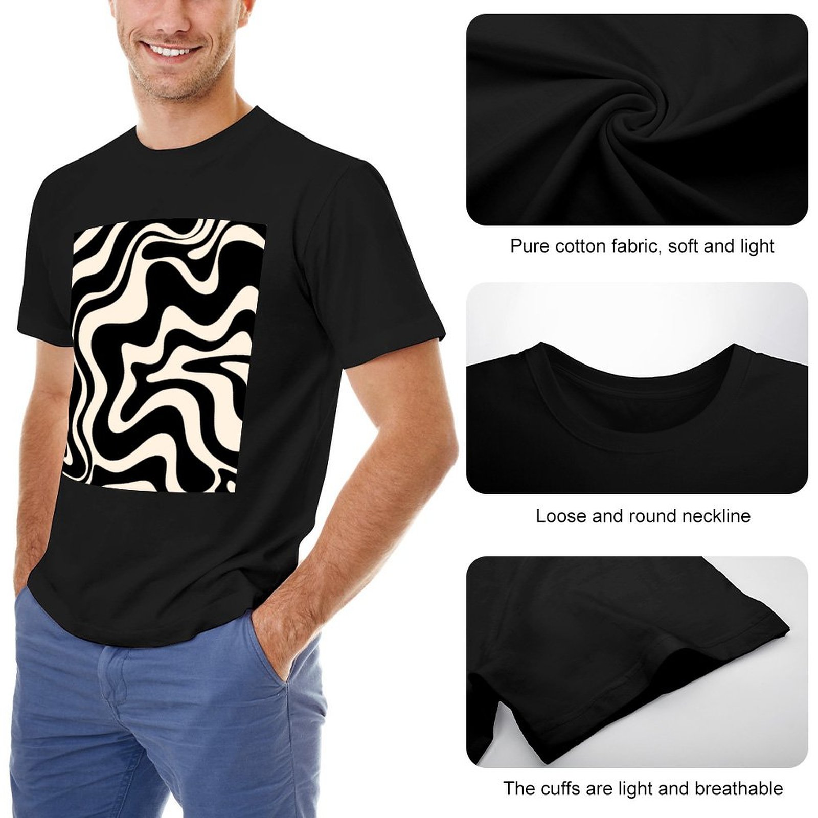 Retro Liquid Swirl Résumé Modèle en noir et amande T-shirt Blouse Sports Fan T-shirts T-shirt surdimensionné Men T-shirt
