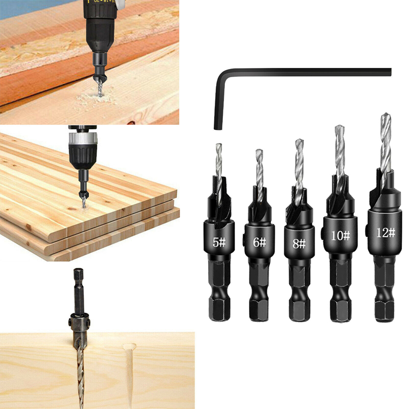 CounterSink Drill Forwworking Drill Bit Set Forling Forage Pilot Trous pour tailles de vis avec une clé Forage en bois # 5 # 6 # 8 # 10 # 12