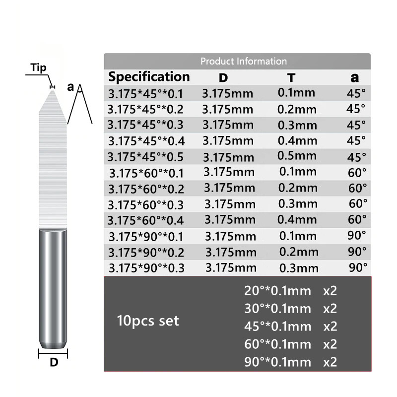 10 ﾰ ~ 90 ﾰ Cortador de moagem em forma de V 3,175 mm 1/8 de polegada Liga dura PCB Drill Bit Bit Bit Ferramenta de gravura CNC