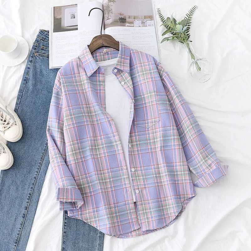 Blouses Shirts voor dames Brand Womens Flanel Plaid Shirts 2023 Nieuwe dames Tops Exquise Designer Style Loose Blouses Casual Cotton Long Sleeve Blouse 240411