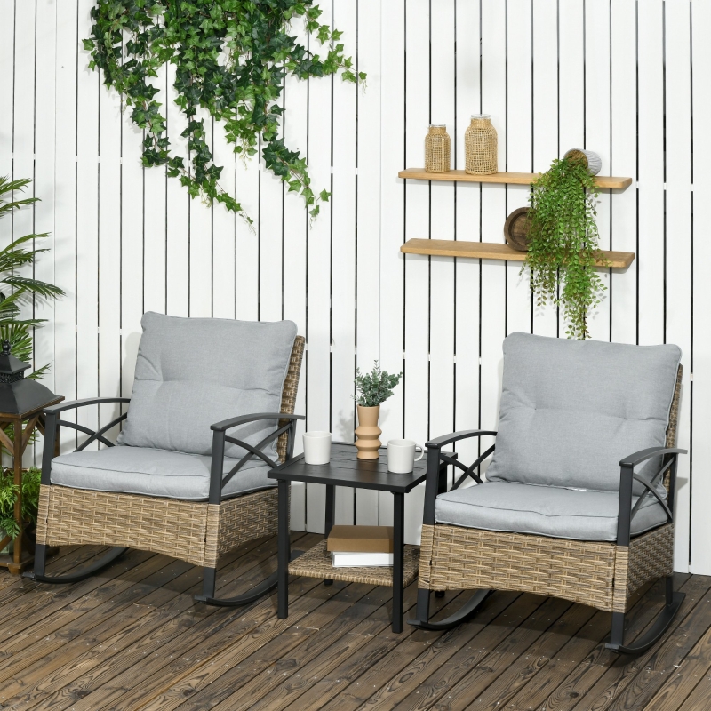 3-delige schommelende rieten bistro-set, buitenterrasmeubelset met twee veranda rocker stoelen, kussens, tweeledig salontafel