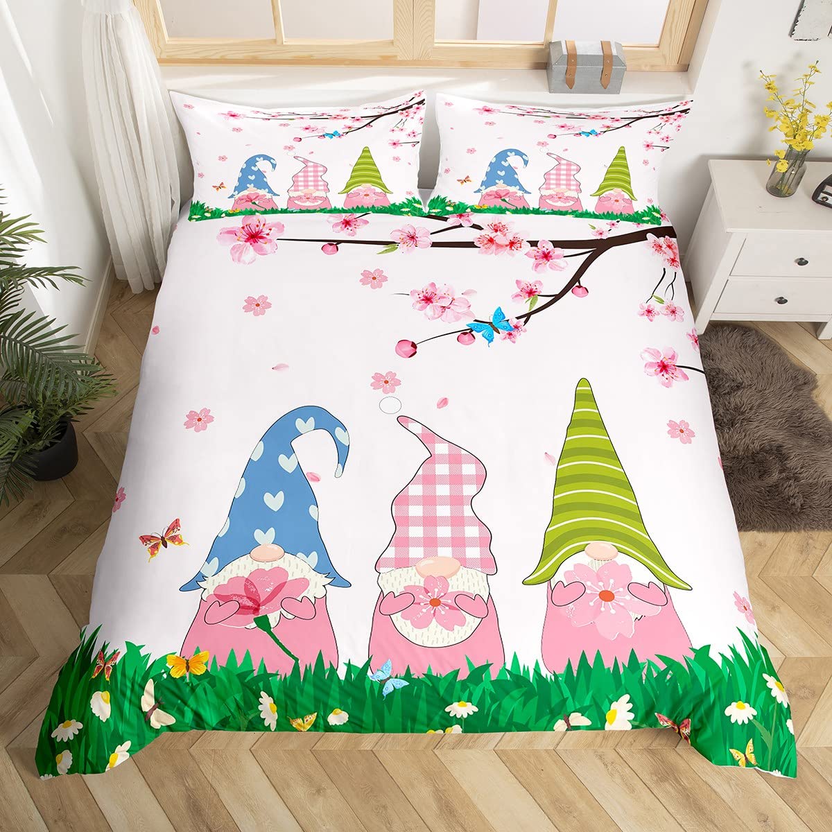 Pink Spring Flower King Königin Bettdecke Deckung Gnome Bettzeug Set Aquarell Schmetterling Blumendecke Deckung Polyester Quilt Cover