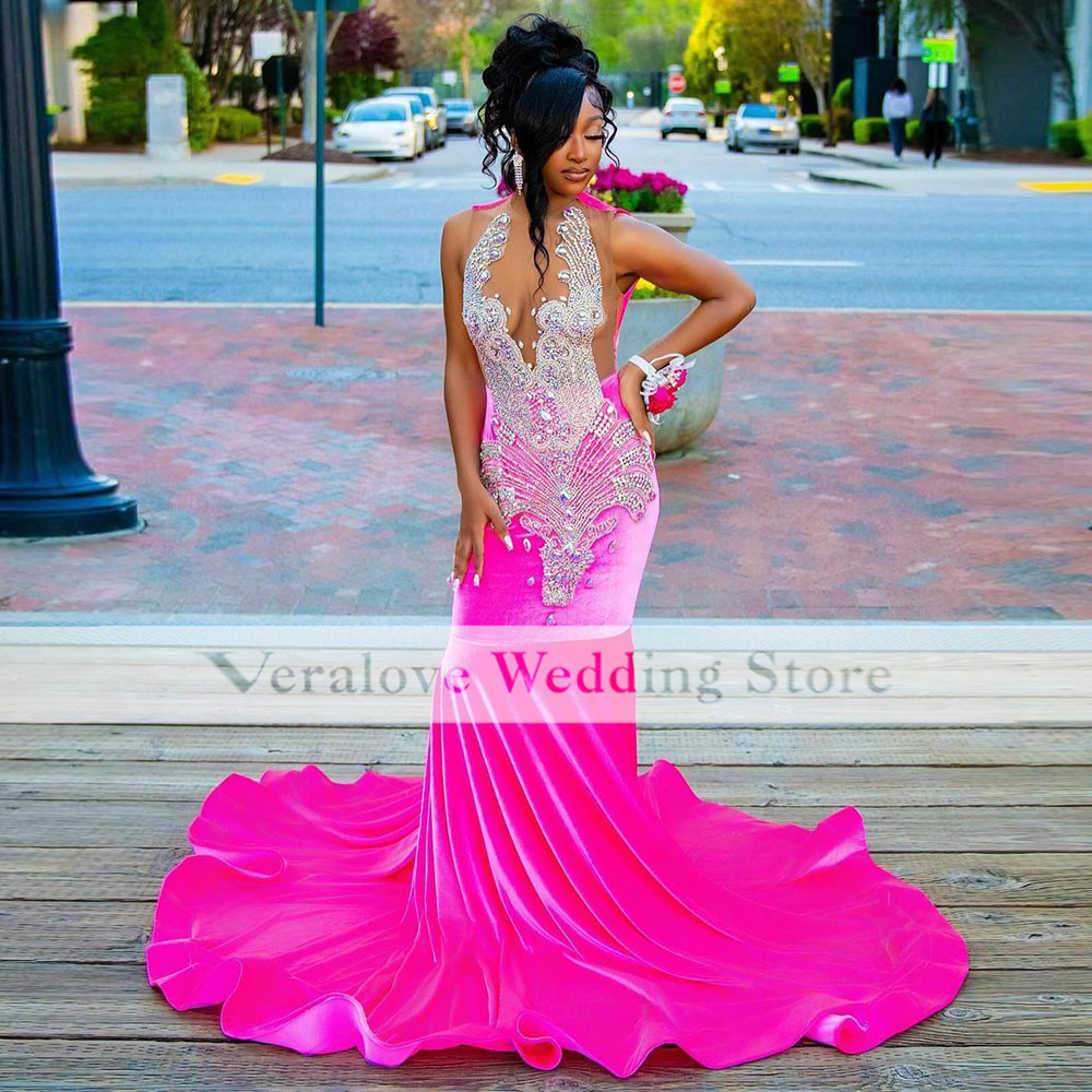 Sexy Fuchsia Prom Dresses For Black Girl Rhinestone Velvet Mermaid Party Gowns Sheer Neck vestidos de fiesta