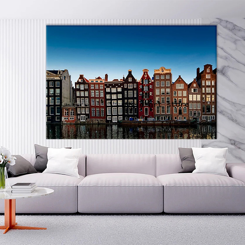 المدينة القديمة في أمستردام من هولندا القناة البيوت الفنية للمناظر الطبيعية اللوحة الطلاء الجدار المطبوعات غرفة الصورة ديكور المنزل