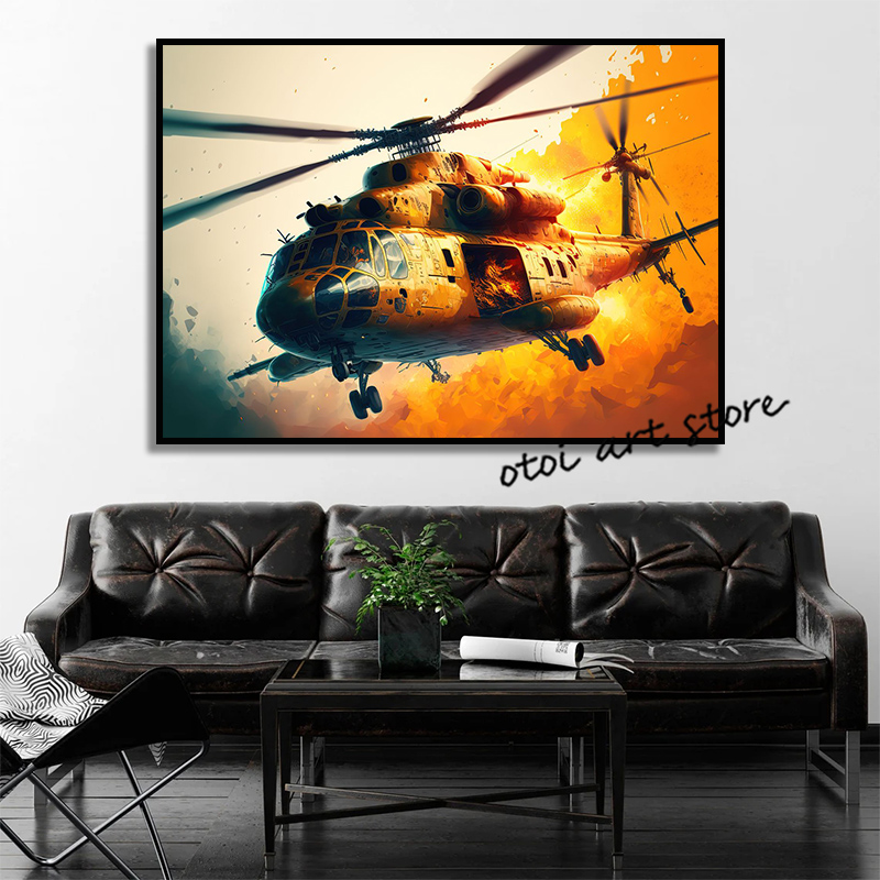 Hélicoptère moderne vintage avec coucher de soleil Paysage Aircraft Fighter Affiches toile PEINTURE PEINTURE MUR PRIMES PATO