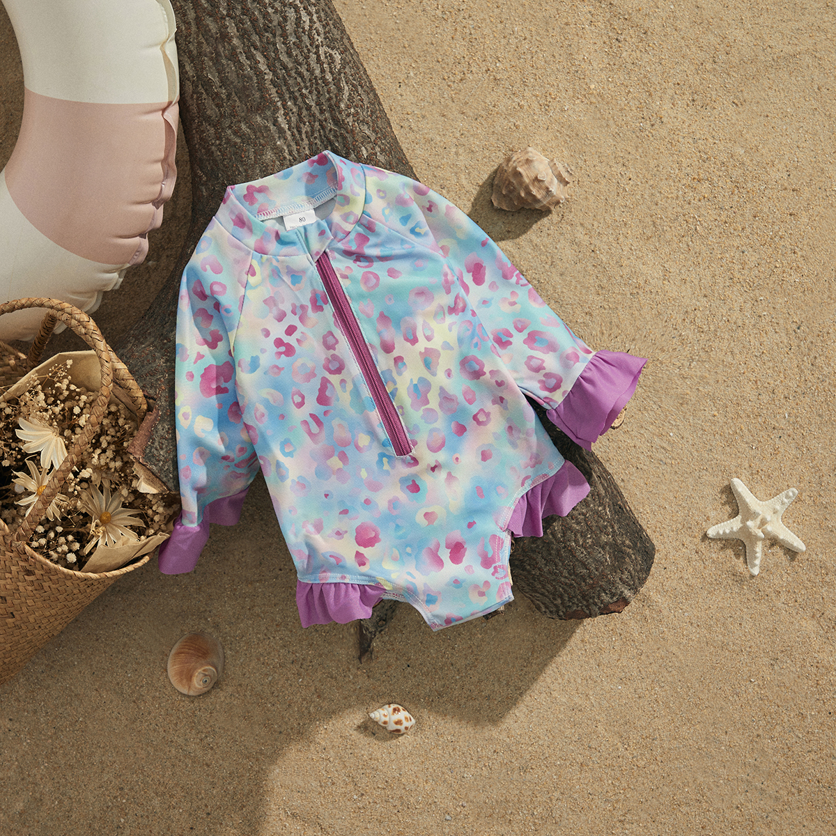 Ewodos Kleinkind Baby Girls Casual Summer Hash Guard Badeanzug Langarm Leopard Print Reißverschluss Badeanzug Strandbekleidung Badebekleidung
