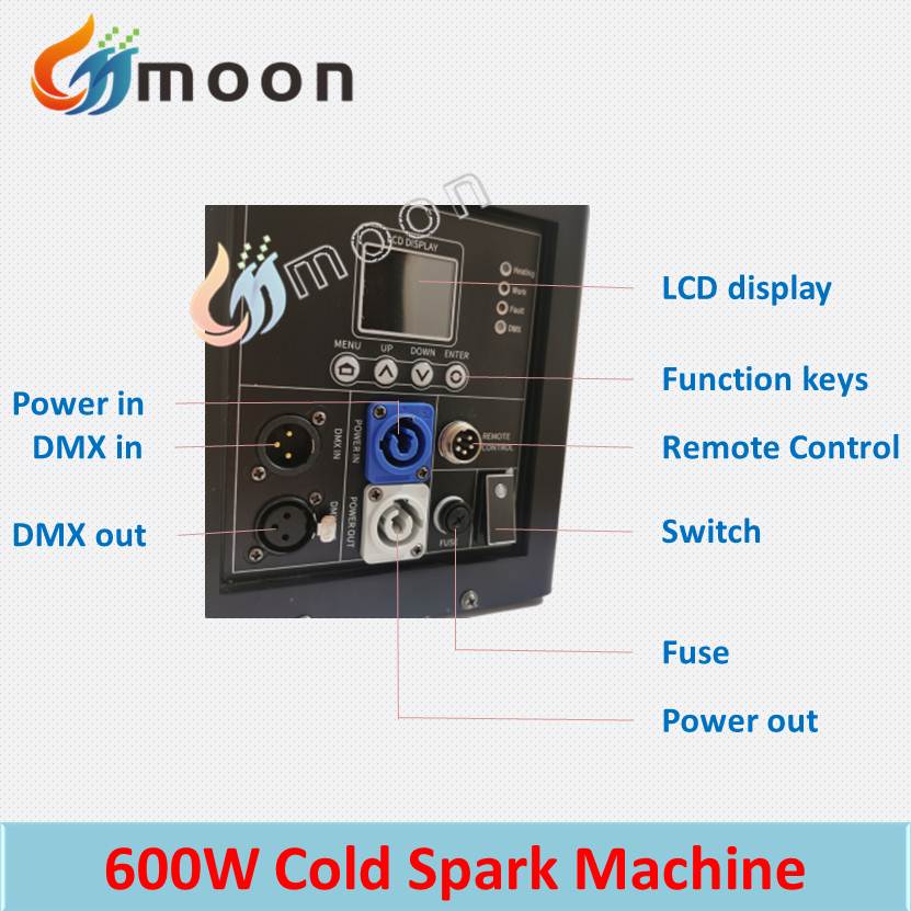 Pas de taxe Ti Powder 600W Machine d'éclaturation froide avec machine à feu à froid LCD Cold-LCD DMX DMX Machine d'étincelle à froid à distance