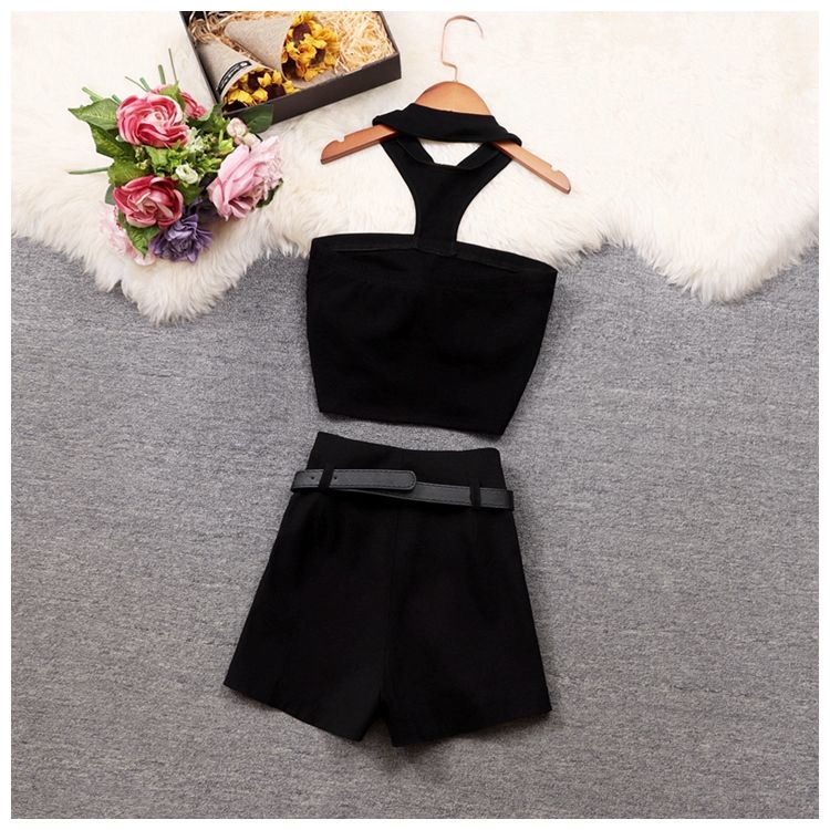 Mulheres Sexy Night Club Strocum Crop Crop Top e Pant Duas peças Conjunto de mulheres Combinando a roupa 2023 Summer New Party Black Clothing