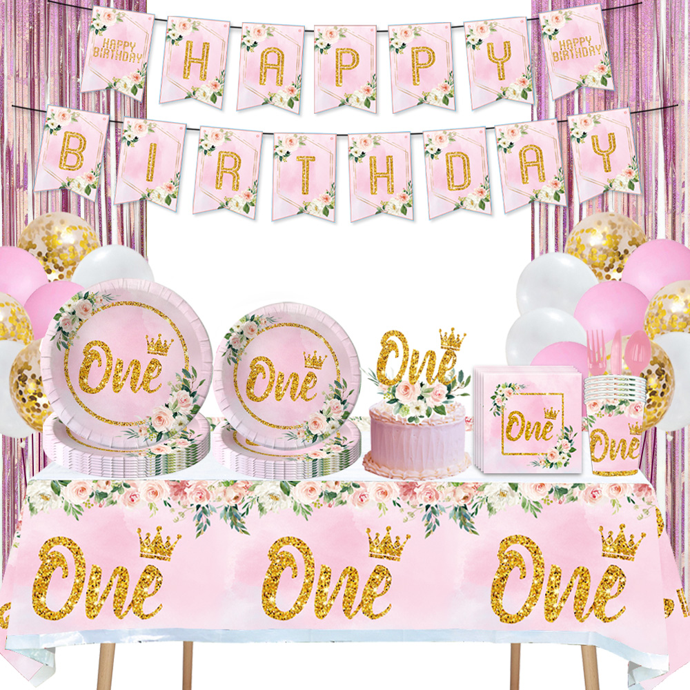 Un premier joyeux anniversaire décorations de fête de fleur rose couronne jetable jetable baby shower baby shower 1 an anniversaire de fête d'anniversaire