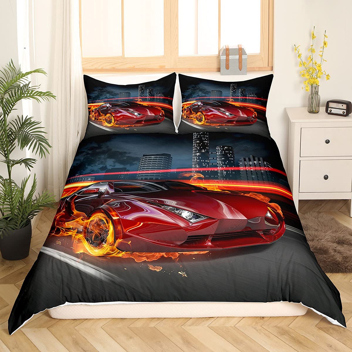 Conjunto de capa de edredom de carro de corrida Conjunto de cama queen size 3d Carding de cama de carros elegante decoração de meninos esportes capa de velocidade de velocidade de carros esportivos