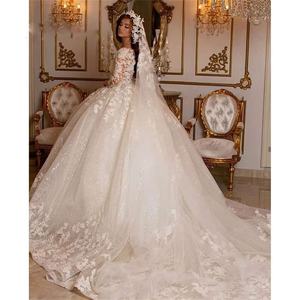 STEVDITG Exquisite Wedding V-neck Beading Sequined Appliques Bridal Ball Gowns Elegant Chapel Train Bride Dress