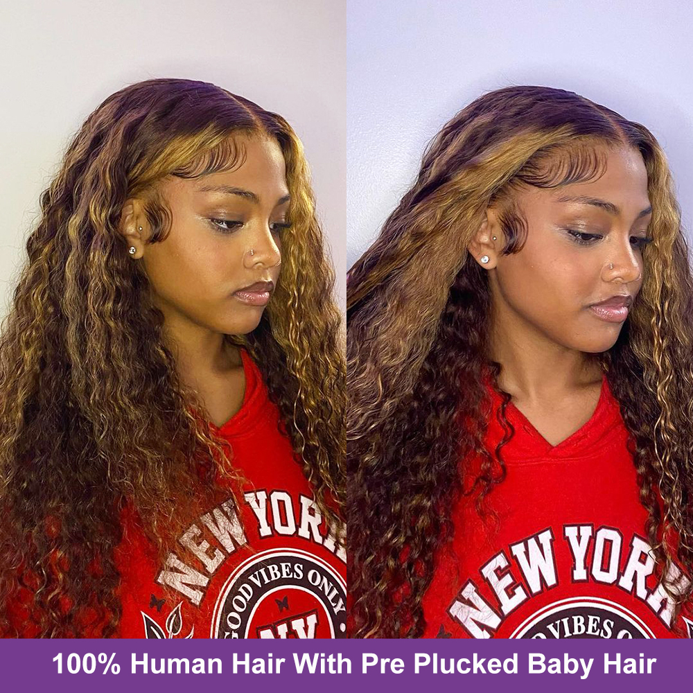 30 pouces Highlight Ombre 13x4 Curly Human Hair Lace Lace Frontal Wig Brésilien Remy Honey Blonde Deep Wave T Part Front Perrette pour les femmes
