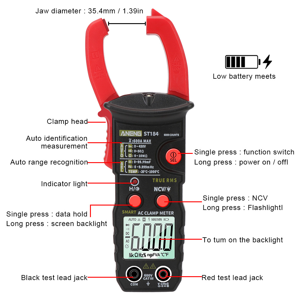 AC/DC -spänningstestare Professionell multimeter Digital Clamp Meter Ohm Hz Tester ST184 6000 Räkter Spänningsmätare True RMS