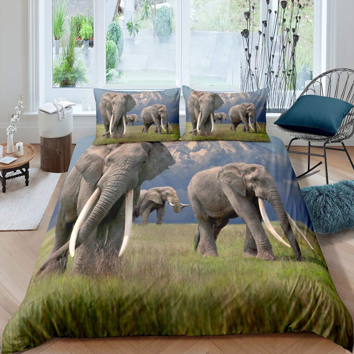 3D Elephant Duvet Cover Set Queen Size African Safari Animal Comforter Set Wildlife Bedding Set Retro Wall Decor Bedspread Cover