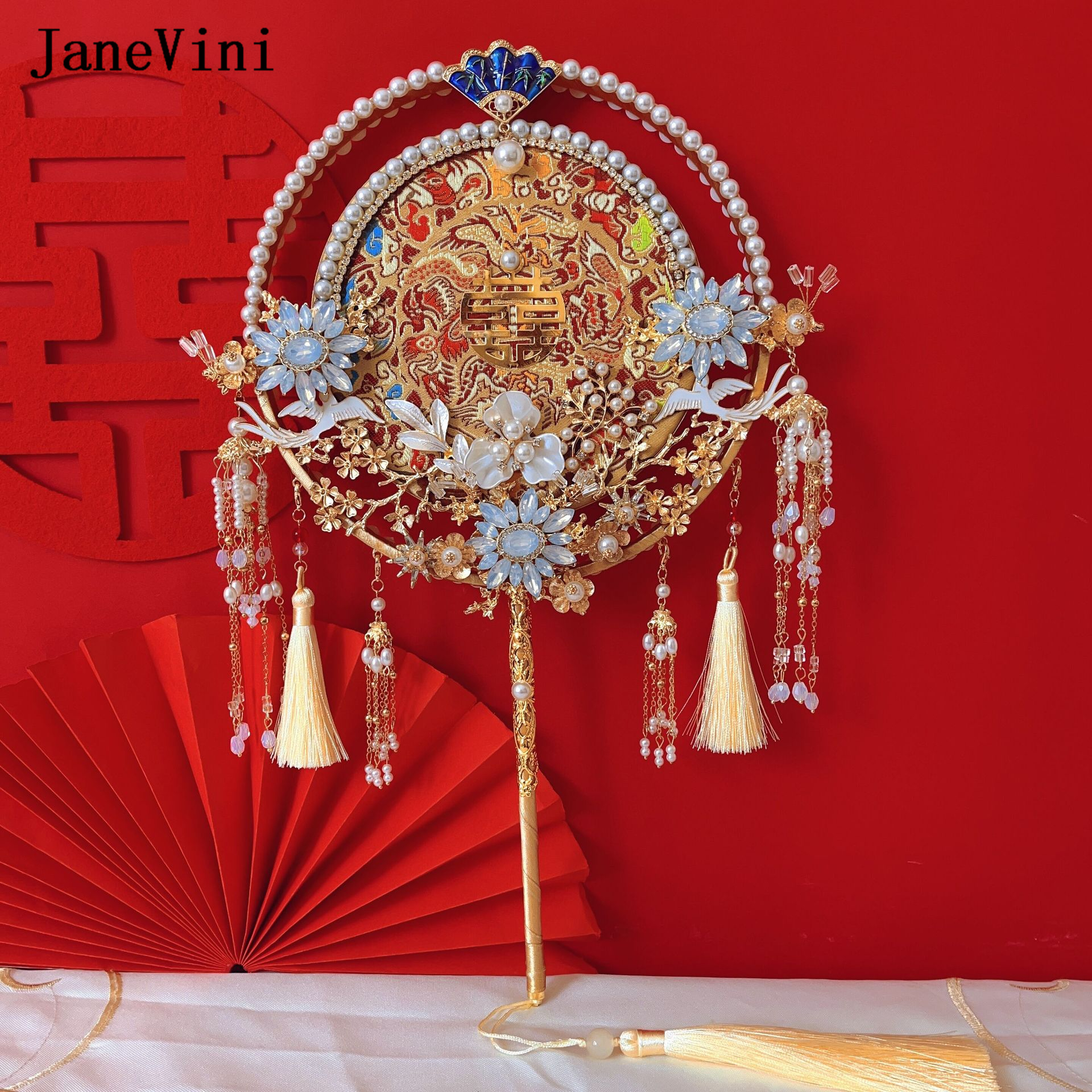 Janevini Luxury Gold Gold Double Circle Bridal Bouquet Fan Bordado Longo Handelado Fan Crystal Pearls Acessórios de casamento