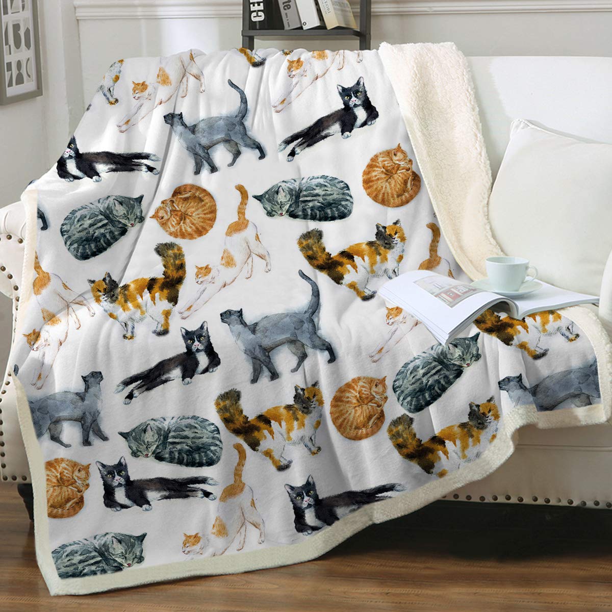 Gatti grigi e bianchi coperta peluche sherpa flanella lancio coperta divano divano morbido coperta coperta tv coperta piena