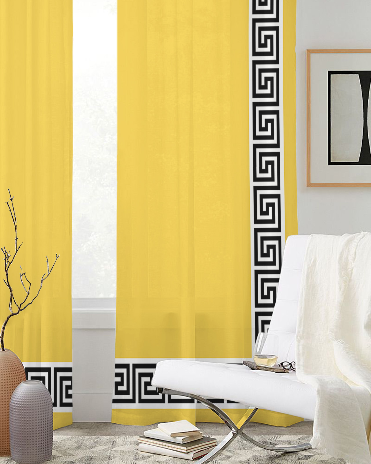 Cortina de tule de padrão grego do Zigzag Yellow Geométrico para a sala de estar quarto moderno cortinas transparentes de janela