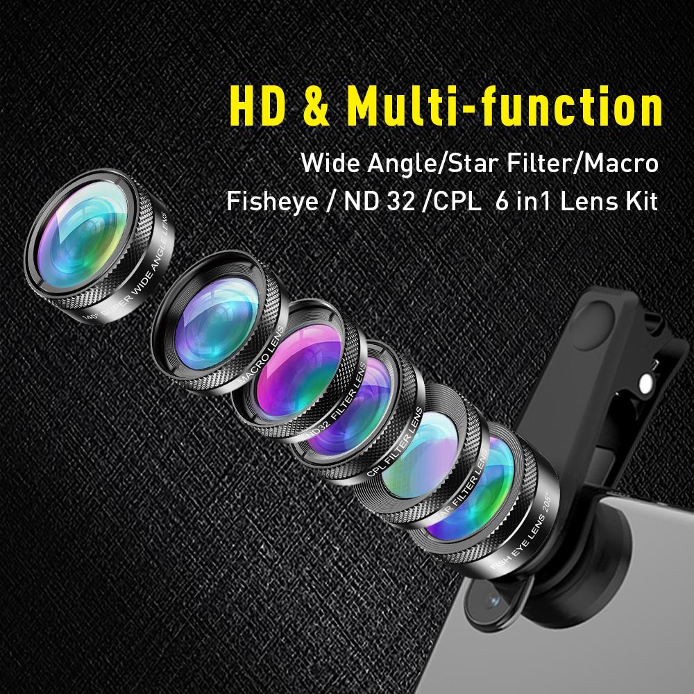 Apexel Professional Mobile Phone Lens Kit с макроугольником Fisheye Lens Lens Cpl ND32 Star Filter для однократных телефонов с двойной камерой