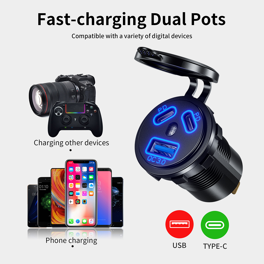 Adaptateur de charge rapide 45W Double PD PD TYPE-C OUTLETLE DE PUISSANCE IP66 TRAVAILLE CHARGEUR USB CAR AVEC avec commutateur pour la moto Marine Car