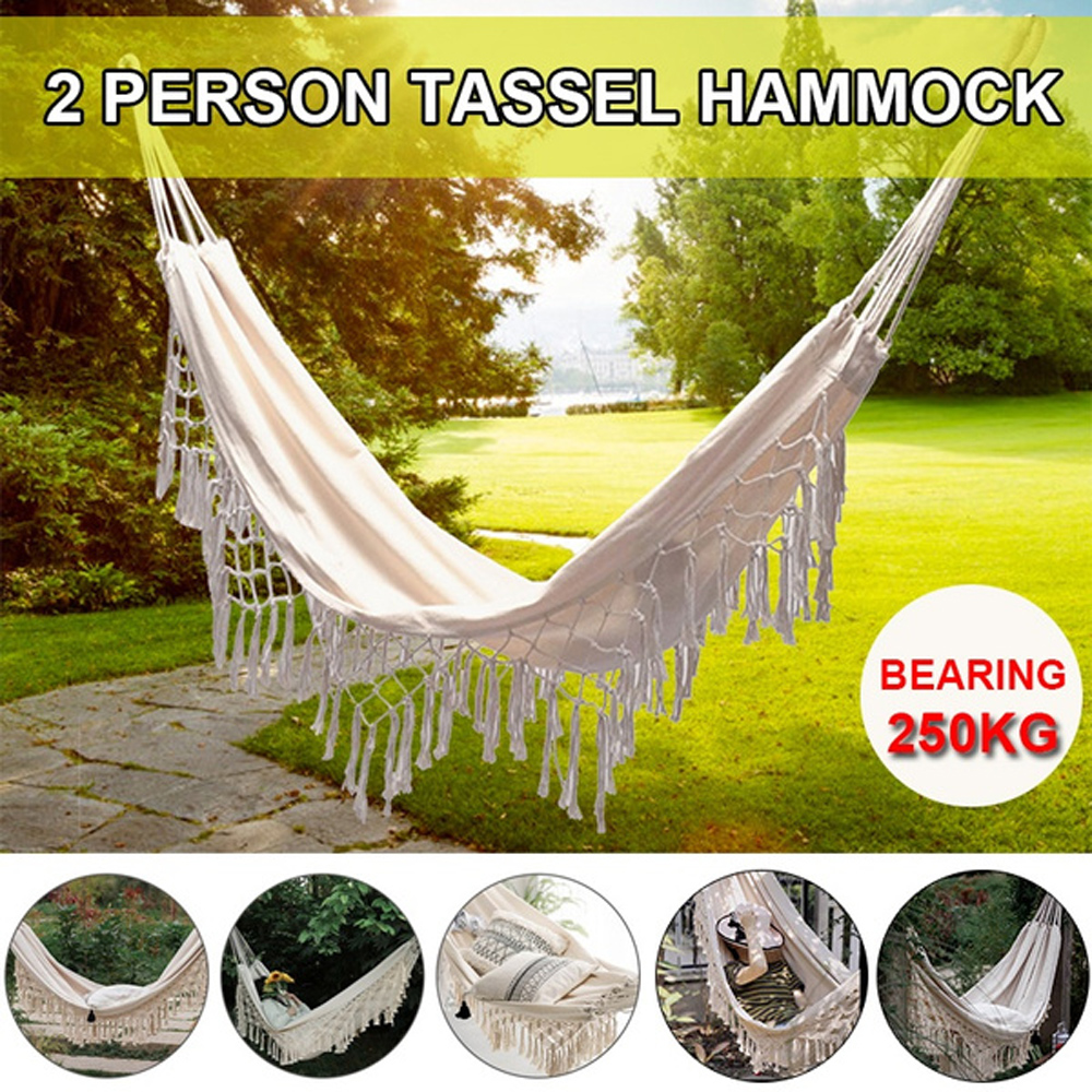 Large Hammock Boho Style Brazilian Macrame Fringed Deluxe Double Hammock Net Swing Chair Indoor Hanging Swing