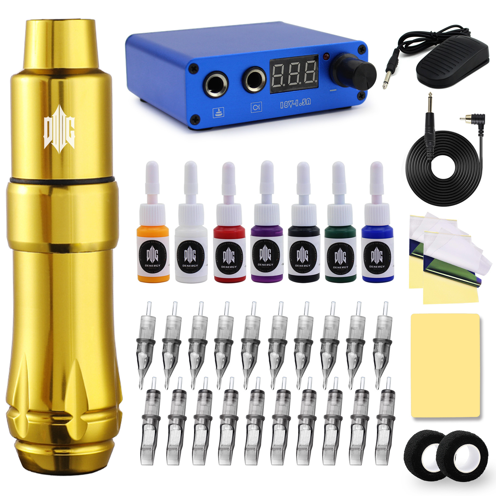 Denergy 3,7 mm slagcartridge Tattoo Pen Kit Golden Machine Kit Complete Beginner Pigmenten Permanente make -uptattoo -accessoires