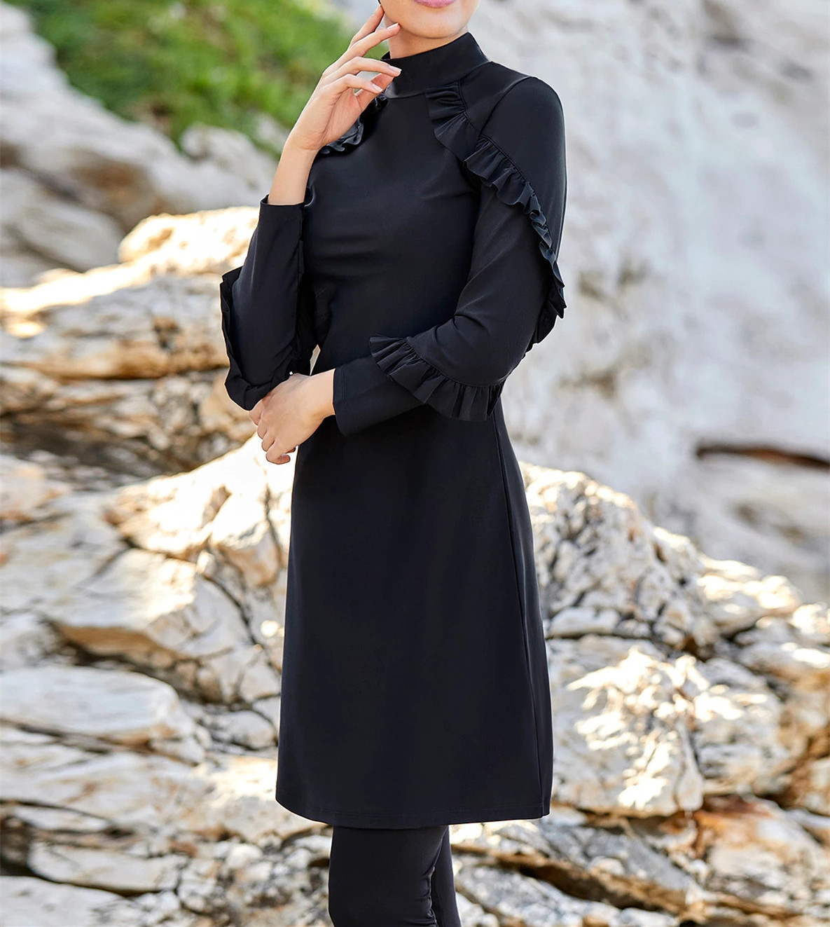 Copertura completa Black Burkini Conservative Swimsuit Muslim Womens Solid Colore Sleeve lunghe Cappelli da bagno Bruffer