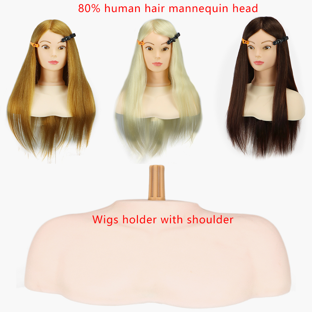 50％Human Hair Mannequin Head with Stand Holder with Shoulder for hairdressing Stylingトレーニングヘッドプロフェッショナル練習人形