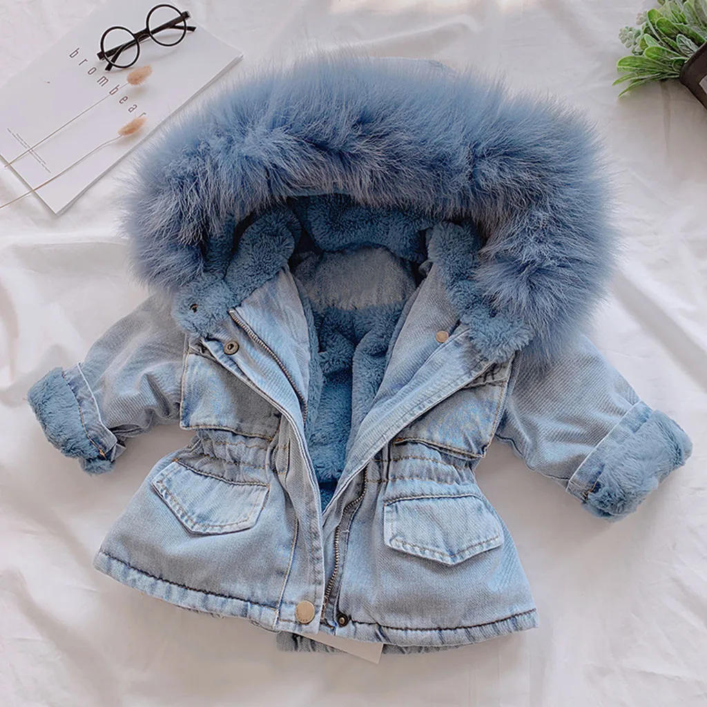 Animaux Hiver Baby Girl Veste en jean plus fourrure Toddler chaud fille extérieure enragineur peluche veste coton 16 ans