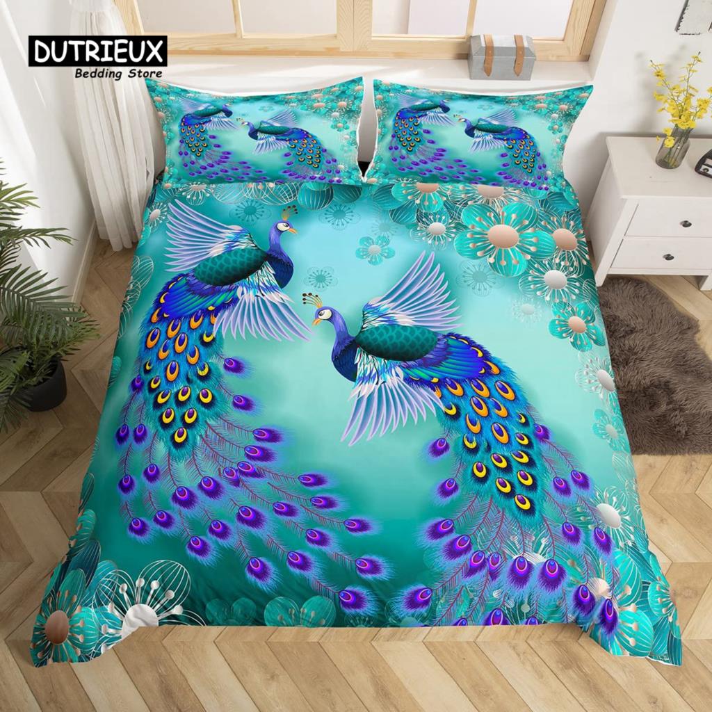 Peacock Comforter Cover Bohemian Duvet Cover Set Exotic Birds Animals Bedding Set Feather Floral Fresh Natural Bedspreads Cover