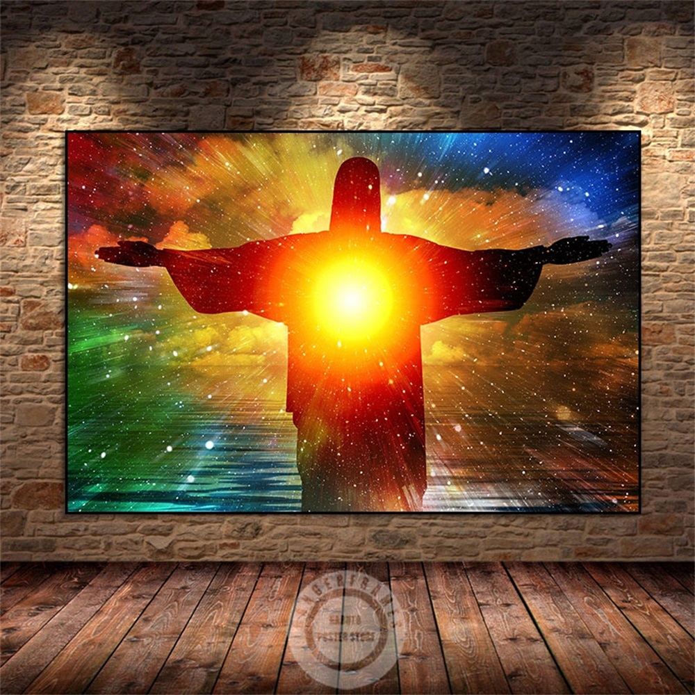 Jésus Affiche abstraite Affiche Rédempteur Statue Colorful Print toile peinture Dieu image religieuse image chrétienne décor