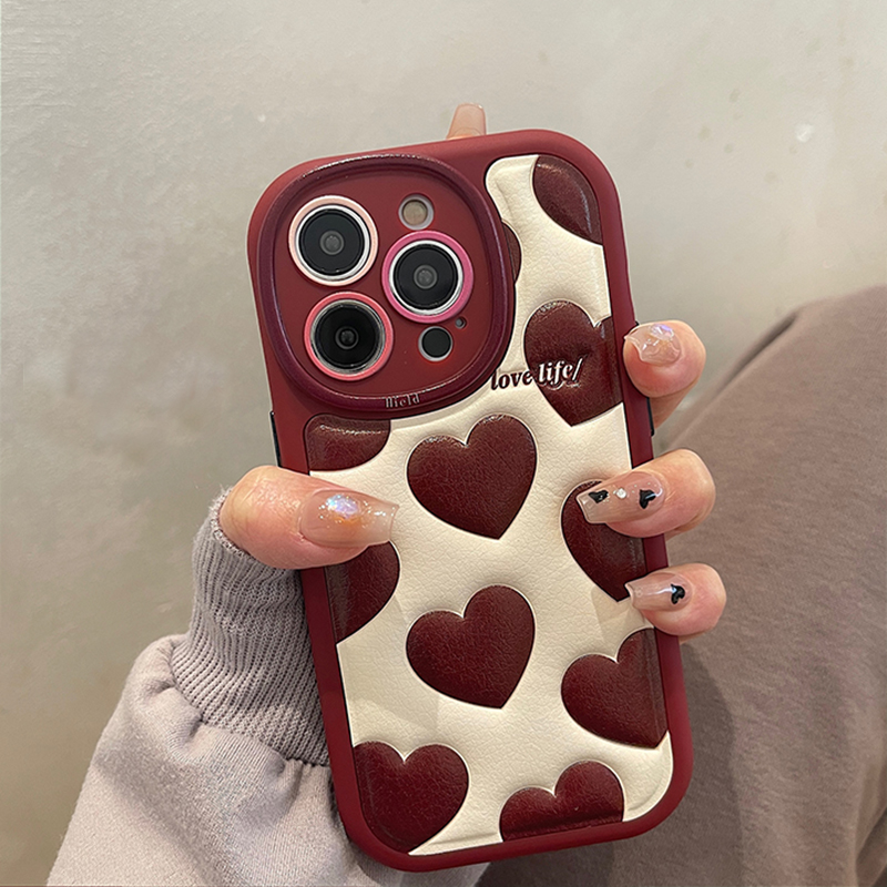 Love Life Wind Red Heart Cute Back Cover för iPhone 14 12 11 13 Pro Max 14 Plus Pu Leather Phone Case Shell Capa