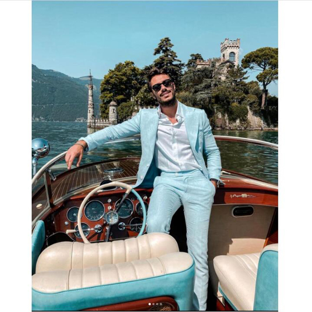 2023 Sky Blue Linen Men Suits Slim Fit ingekeed revers twee knoppen 2 stuks beste mannen bruidegom slijtage bruiloft smoking tuxedos kostuum homme